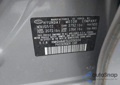 2012 Hyundai Elantra Gls (Ulsan Plant) from USA, damaged, VIN KMHDH4AE5CU356934